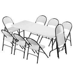 Correll Plastic Resin Folding Table & 8 Chairs Package in Gray Granite (30''x72