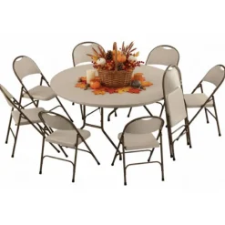 Correll Plastic Resin Folding Table & 8 Chairs Package in Mocha Granite (60'' Round)^ Folding Tables & Chairs