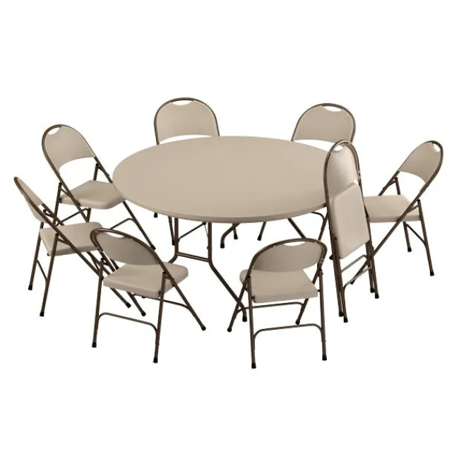 Correll Plastic Resin Folding Table & 8 Chairs Package in Mocha Granite (60'' Round)^ Folding Tables & Chairs