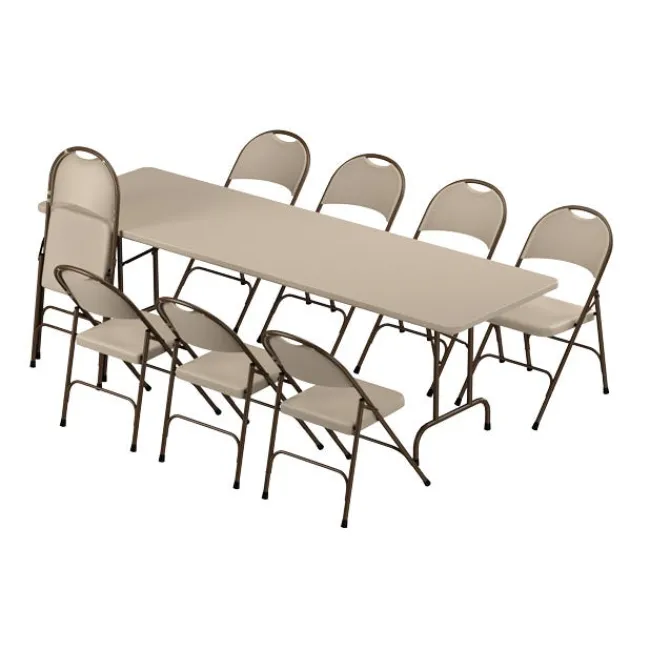Correll Plastic Resin Folding Table & 8 Chairs Package in Mocha Granite (30''x96" Rectangle)^ Folding Tables & Chairs