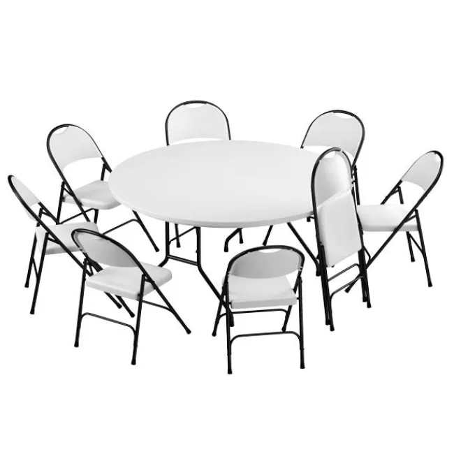 Correll Plastic Resin Folding Table & 8 Chairs Package in Gray Granite (60'' Round)^ Folding Tables & Chairs