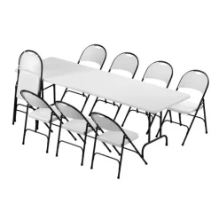 Correll Plastic Resin Folding Table & 8 Chairs Package in Gray Granite (30''x96