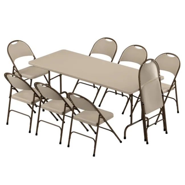 Correll Plastic Resin Folding Table & 8 Chairs Package in Mocha Granite (30''x72" Rectangle)^ Folding Tables & Chairs