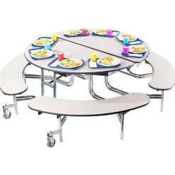 National Public Seating Quick Ship 60'' Round Mobile Bench Cafeteria Table w/ MDF Top, ProtectEdge & Chrome Frame^ Cafeteria|Cafeteria Tables