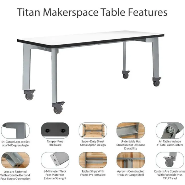 National Public Seating Titan Makerspace Whiteboard Table (30" x 72") with Four Titan Stools (18" H) Package^ Dry Erase