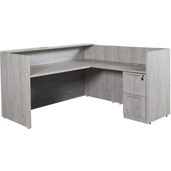 OFD Office Furniture Ultra Premium Laminate Series L-Shaped Reception Desk w/ Frosted Glass Transaction Top^ Reception Desks